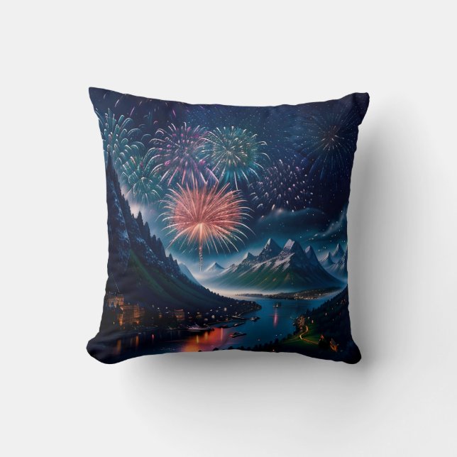 Coussin Mont Crépuscule avec Feu d'Artifice (Recto)