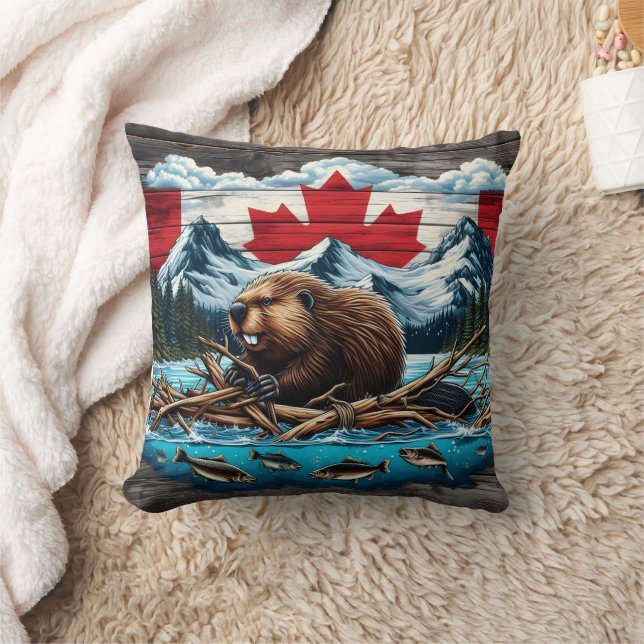Coussin Montagne de neige, castor, Canadian Pride (Couverture)