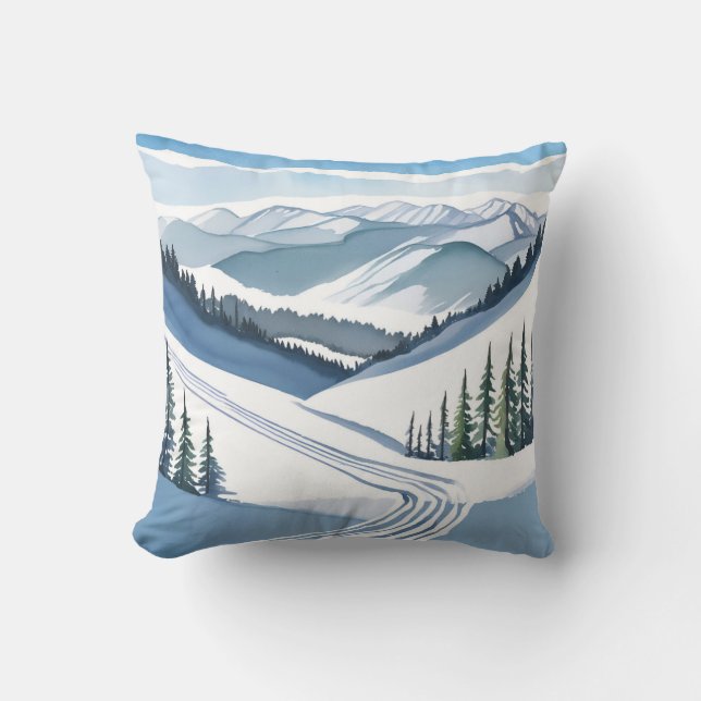 Coussin Montagne de ski aquarelle (Recto)