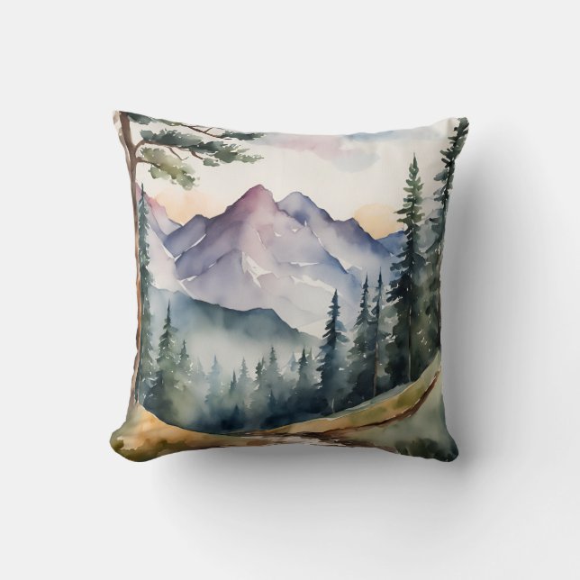 Coussin Montagnes Aquarelle Arbres Nature (Recto)