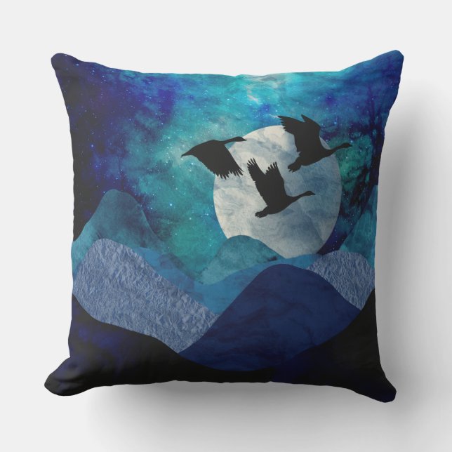 Coussin Montagnes bleues, pleine lune et oies volantes (Recto)