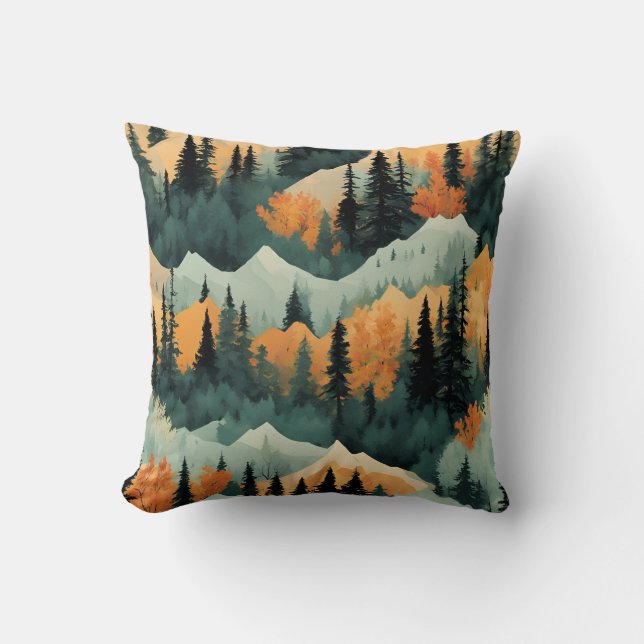 Coussin Montagnes Et Arbres Vert Et Orange (Recto)