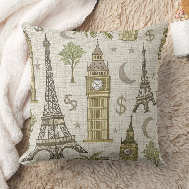Coussin Monuments du Monde de Style Rétro pour Voyageurs (Couverture)