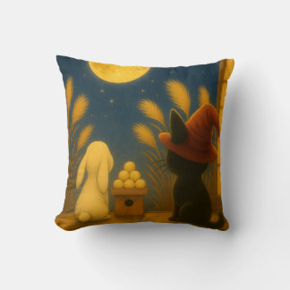 Coussin Moon Viewing Night – Black Cat and Rabbit under th