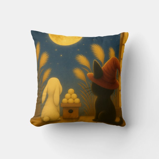 Coussin Moon Viewing Night – Black Cat and Rabbit under th (Recto)