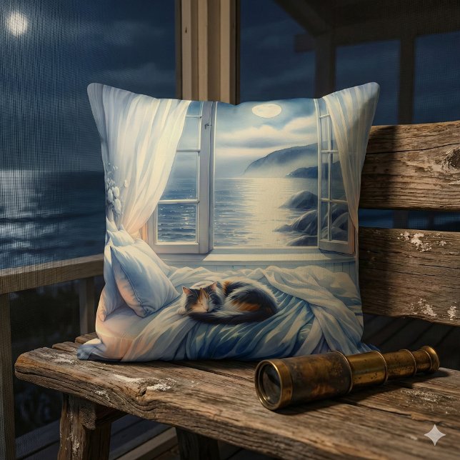 Coussin Moonlit Coastal Bedroom with Sleeping Cat (Moonlit Coastal Bedroom with Sleeping Cat Throw Pillow Mockup A)