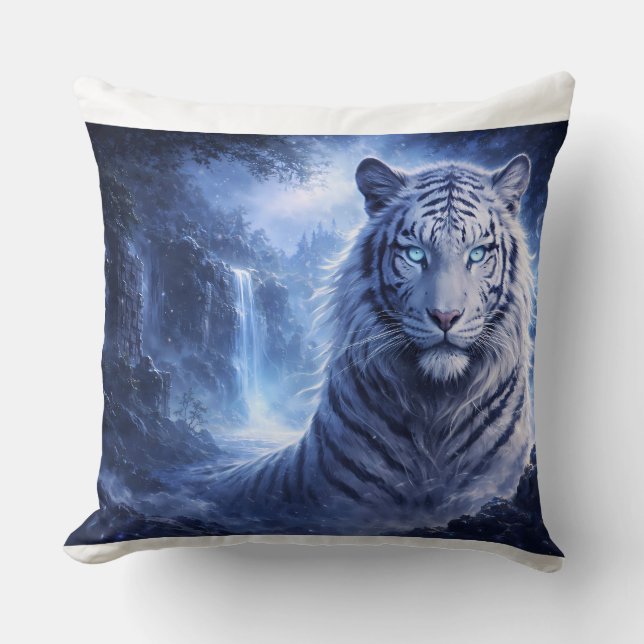 Coussin Moonlit White Tiger Guardian – Blue Fantasy Spirit (Recto)
