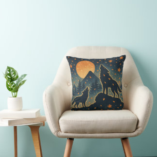 Coussin Moonlit Wolves & Mount Fuji – Japanese Night Art 