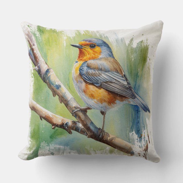 Coussin Morning Song robin peinture d'oiseaux (Recto)