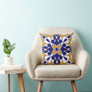 Coussin Morocco Square Tile Yellow Blue Bohemian Pattern