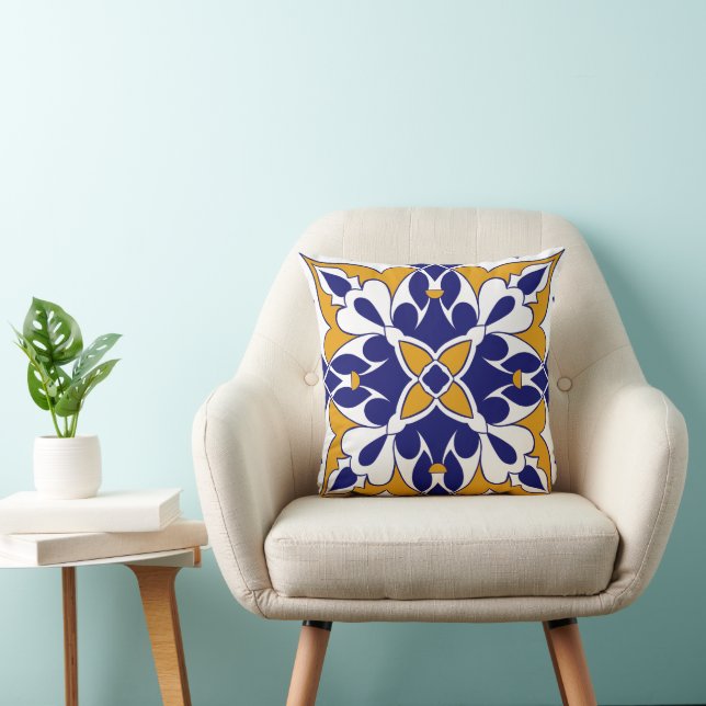 Coussin Morocco Square Tile Yellow Blue Bohemian Pattern (Chaise)