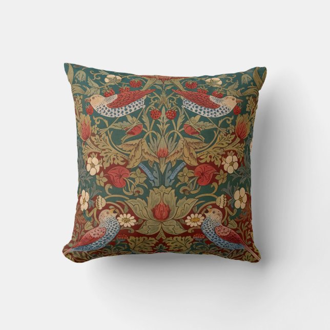 Coussin Morris Strawberry Thief Vert de Teal Rouge Floral  (Recto)