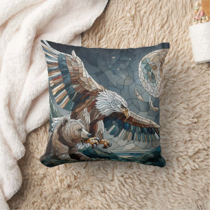 Coussin Mosaic Ai Art Ours Brown et Pleine lune d'aigle