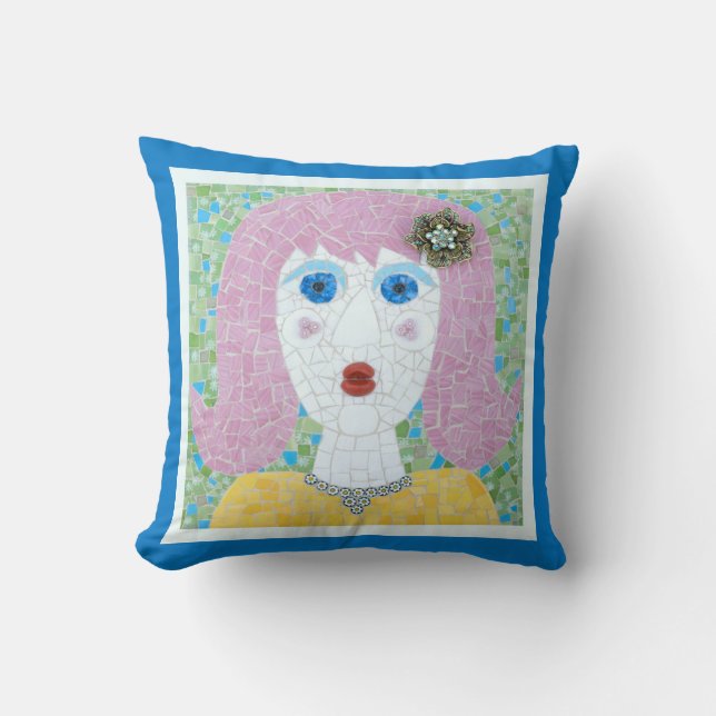Coussin Mosaic - Ingrid avec bordure bleue et ivoire (Recto)