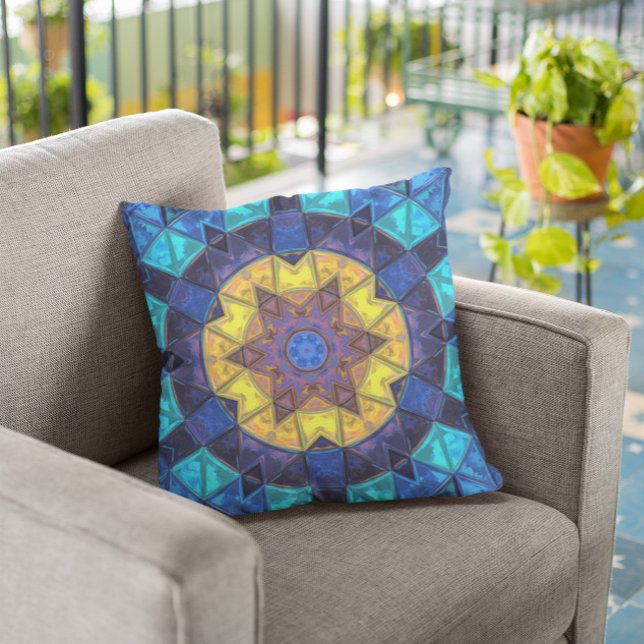Coussin Mosaic Kaleidoscope Fleur Bleu et Jaune (Créateur téléchargé)