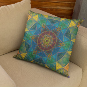 Coussin Mosaic Kaleidoscope Fleur Jaune Bleu et Vert