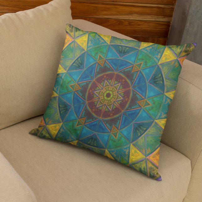 Coussin Mosaic Kaleidoscope Fleur Jaune Bleu et Vert (Créateur téléchargé)
