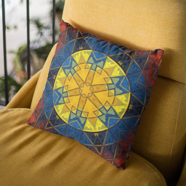 Coussin Mosaic Mandala Fleur Jaune Bleu et Rouge (Créateur téléchargé)