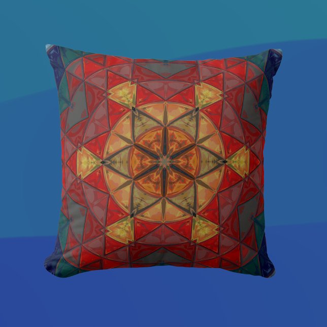 Coussin Mosaic Mandala Fleur Rouge Bleu et Jaune (Créateur téléchargé)