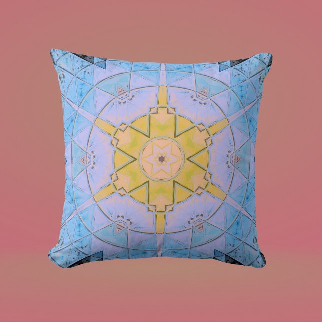 Coussin Mosaic Mandala Flower bleu et jaune (Créateur téléchargé)