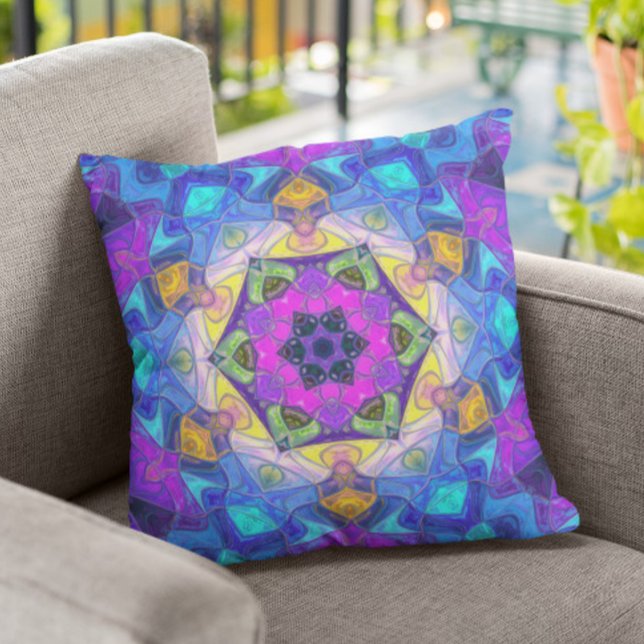 Coussin Mosaic Mandala Flower rose bleu et jaune (Créateur téléchargé)