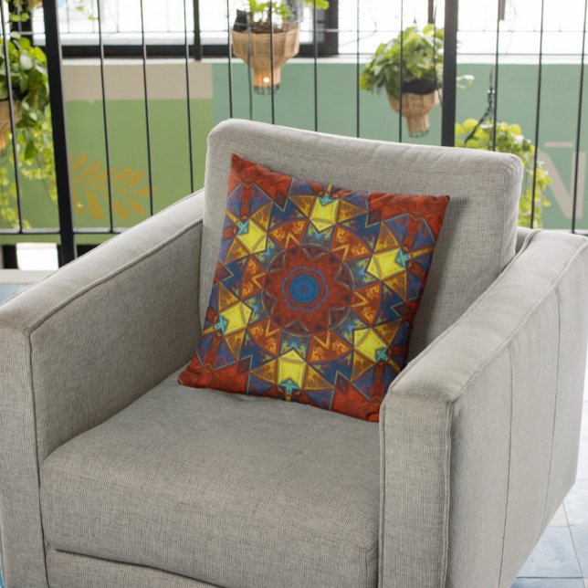 Coussin Mosaic Mandala Flower rouge jaune et bleu (Créateur téléchargé)