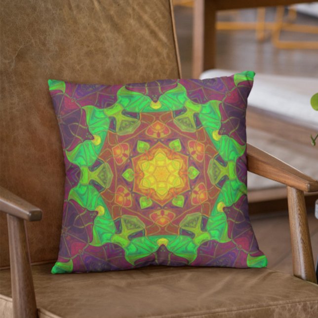Coussin Mosaic Mandala Flower vert jaune et violet (Créateur téléchargé)