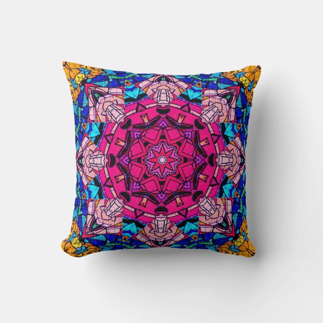 Coussin Mosaic rose Mandala Floral Psychédélique Rétro (Recto)
