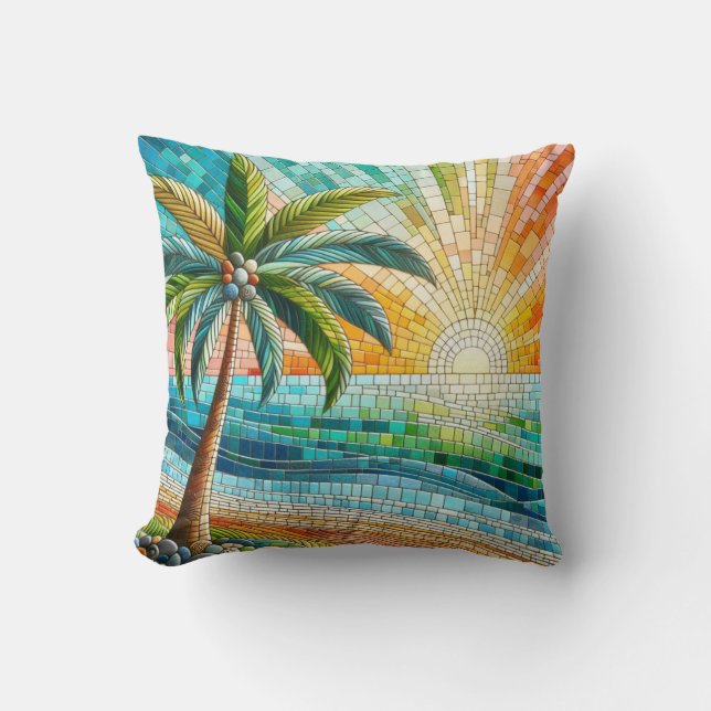 Coussin Mosaic Tropical Beach Coucher de soleil Palm Tree (Recto)