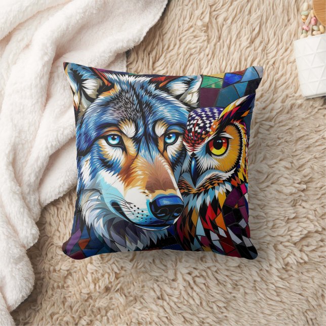 Coussin Mosaic Wolf, Owl and Full Moon (Couverture)