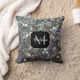 Coussin Mosaïque argentée brillante et colorée Monogram PL