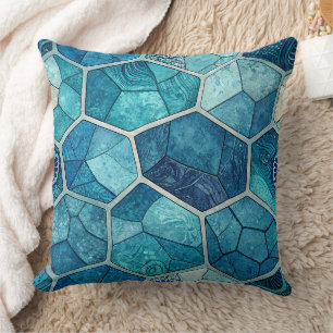 Coussin Mosaique bleue océan à motif polygone irrégulier