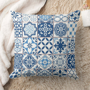 Coussin Mosaïque d'azulejos indigo bleu méditerranéen orné
