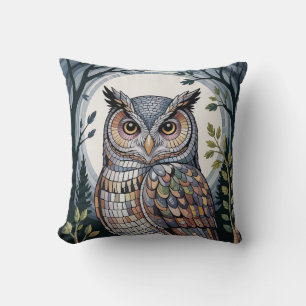 Coussin Mosaïque de hibou de forêt Cozy Indigo