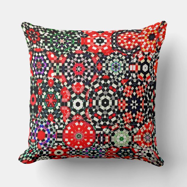 Coussin Mosaïque de kaléidoscope hexagone d'échecs, rouge  (Recto)