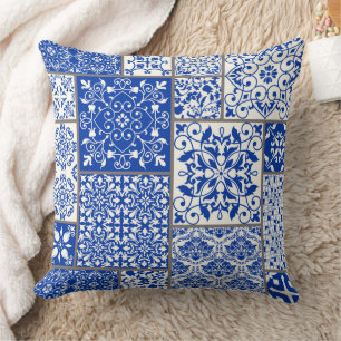 Coussin Mosaïque de majolique d'azulejo bleu et blanc médi