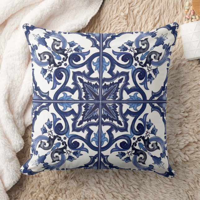 Coussin Mosaïque de majolique sicilienne bleue et blanche  (Couverture)