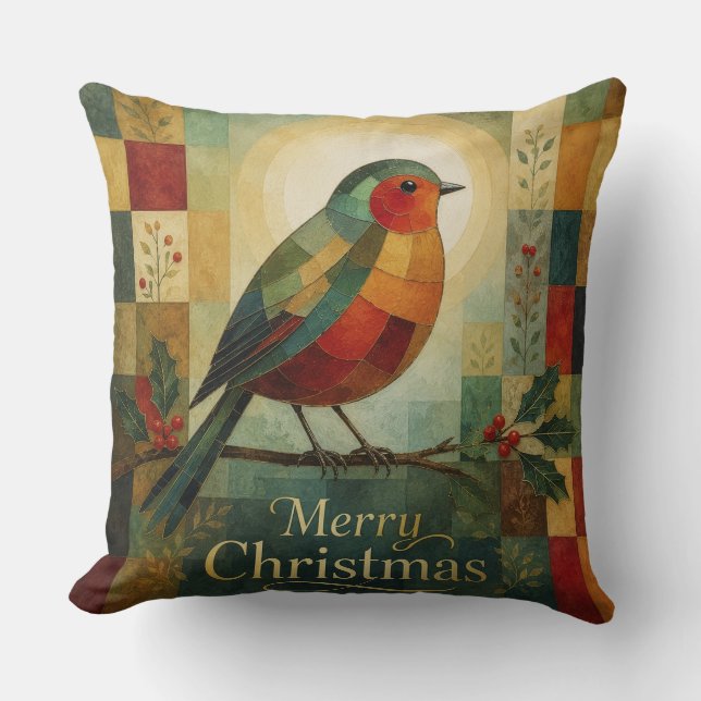 Coussin Mosaïque de Noël Robin Oiseau Houx Baie  (Recto)