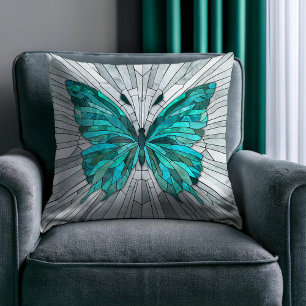 Coussin Mosaïque de papillon - vert émeraude et gris