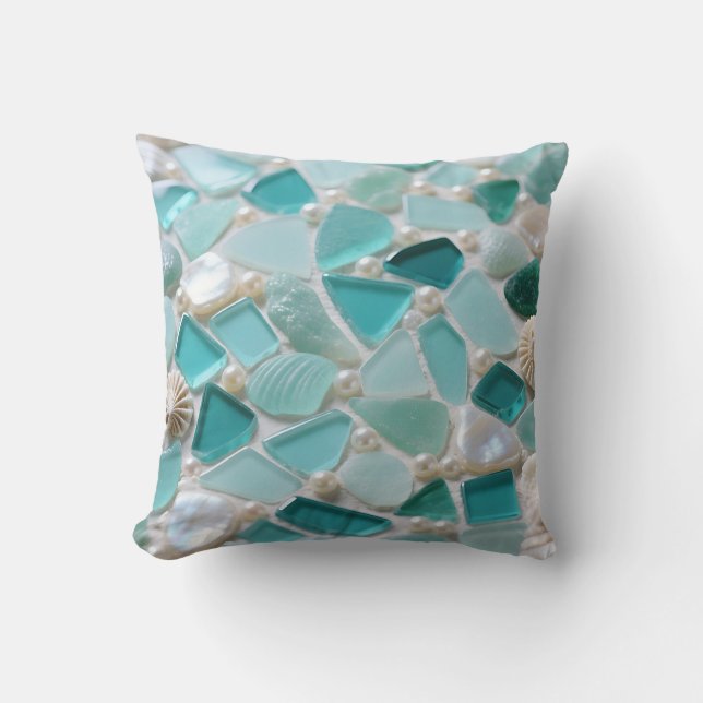 Coussin Mosaïque de verre de mer Charme côtier turquoise (Recto)