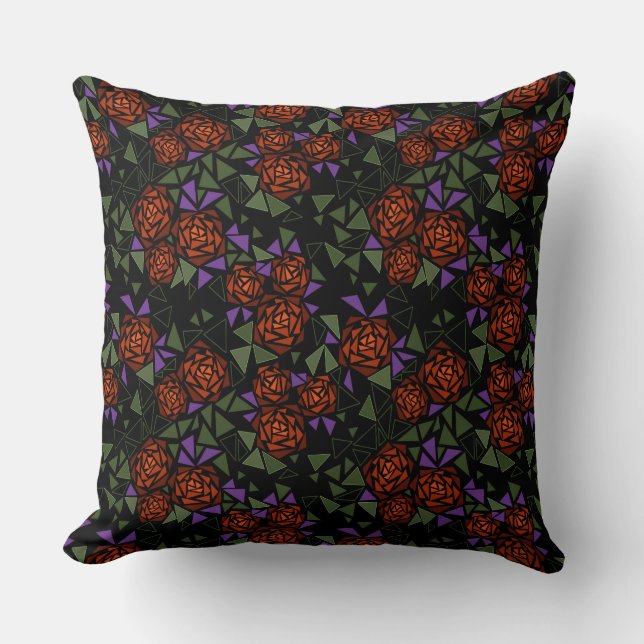 Coussin mosaïque florale rétro orange olive noir (Recto)