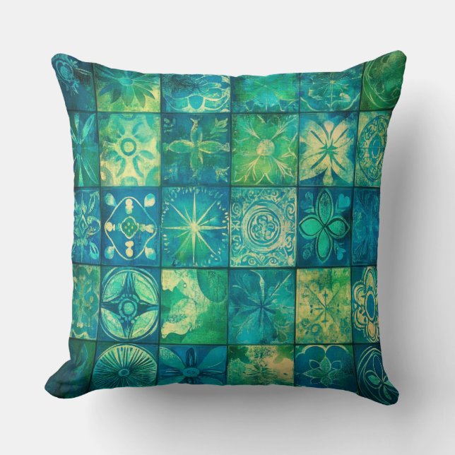 Coussin Mosaïque géométrique vintage bleu vert (Recto)