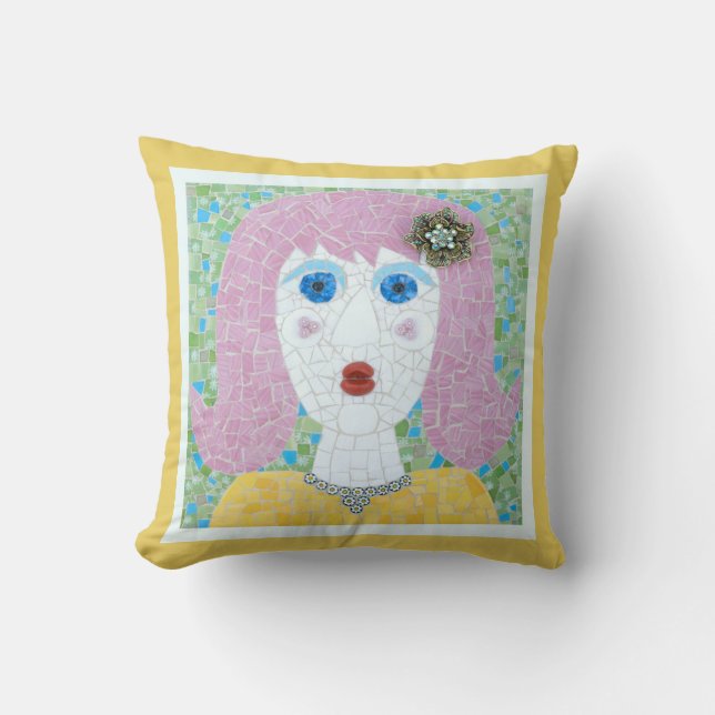 Coussin Mosaïque - Ingrid avec bordure jaune et ivoire (Recto)