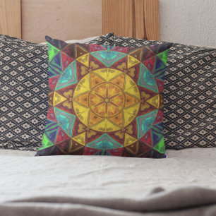 Coussin Mosaïque Kaleidoscope Fleur Jaune Bleu et Rouge