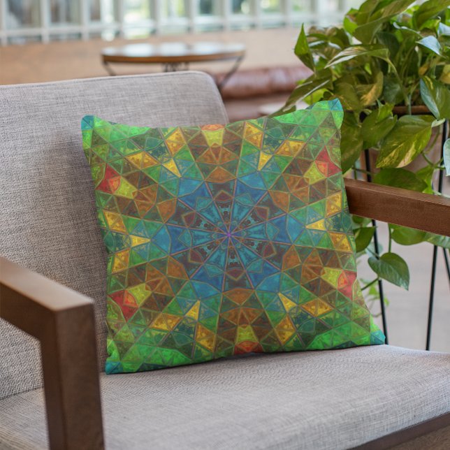 Coussin Mosaïque Kaleidoscope Fleur vert bleu et jaune (Créateur téléchargé)