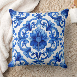 Coussin Mosaïque majolique sicilienne italienne bleue et b