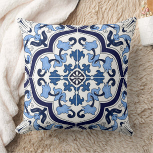 Coussin Mosaïque sicilienne majolique florale blanche bleu