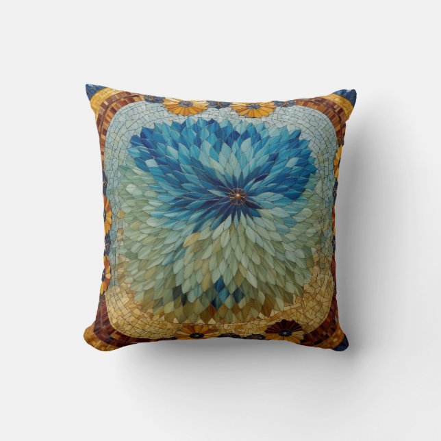 Coussin Mosaïque verte bleue florale  (Recto)