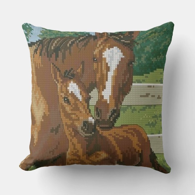 Coussin Mother Baby Horse Cross Stitch Style (Recto)