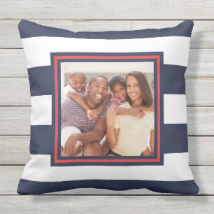 Coussin Motif à bande rouge, blanche et bleue avec photo